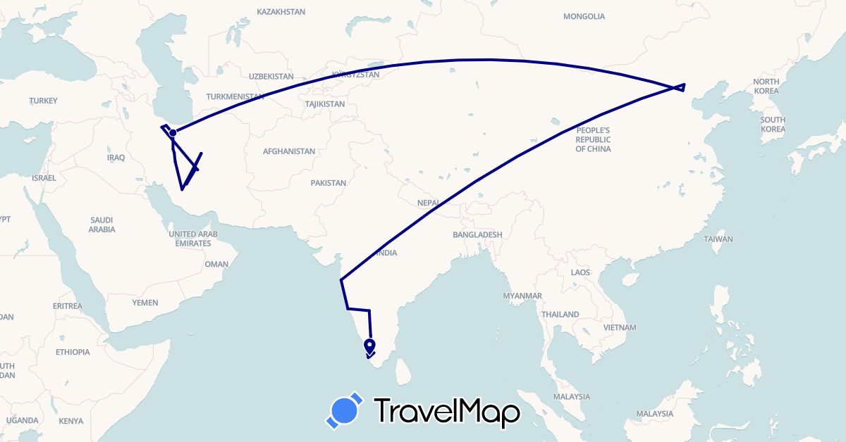 TravelMap itinerary: driving in China, India, Iran (Asia)